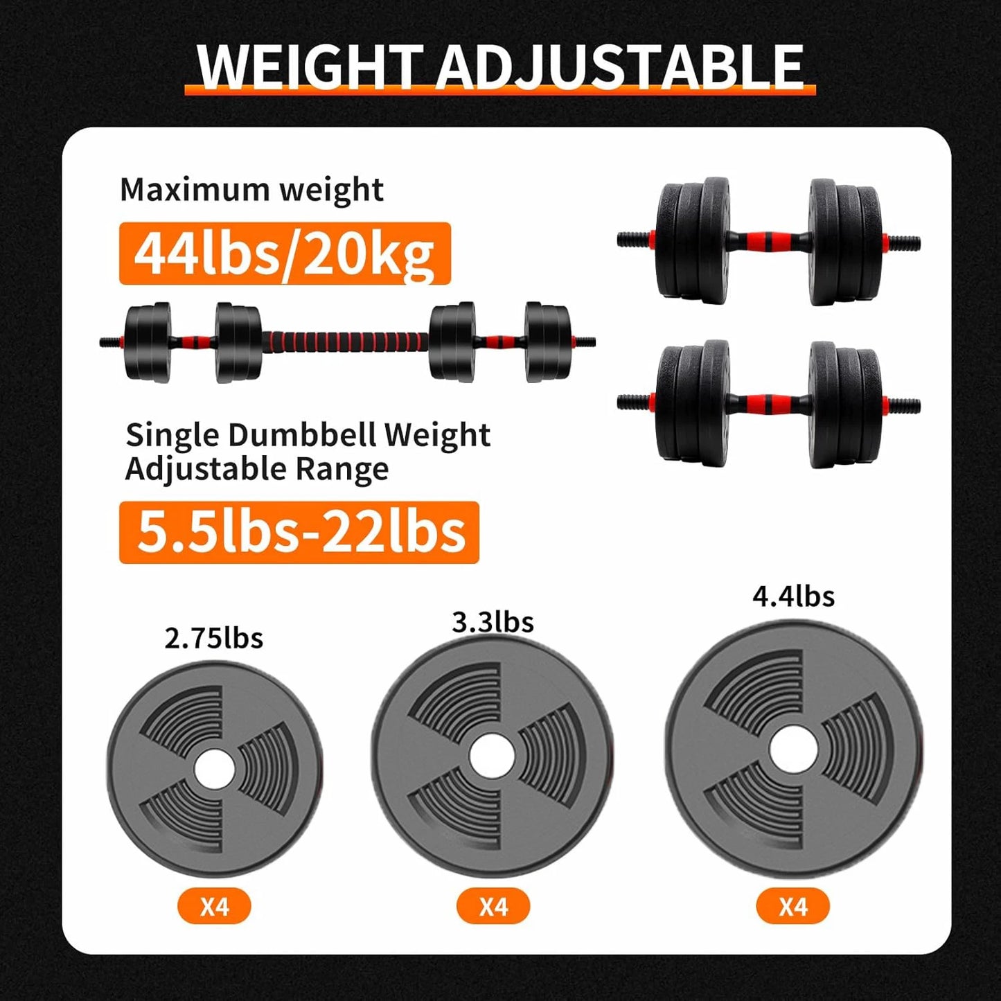 5-44lbs Adjustable Dumbbell To Barbell Set With Anti-Slip Grip For Home Gym