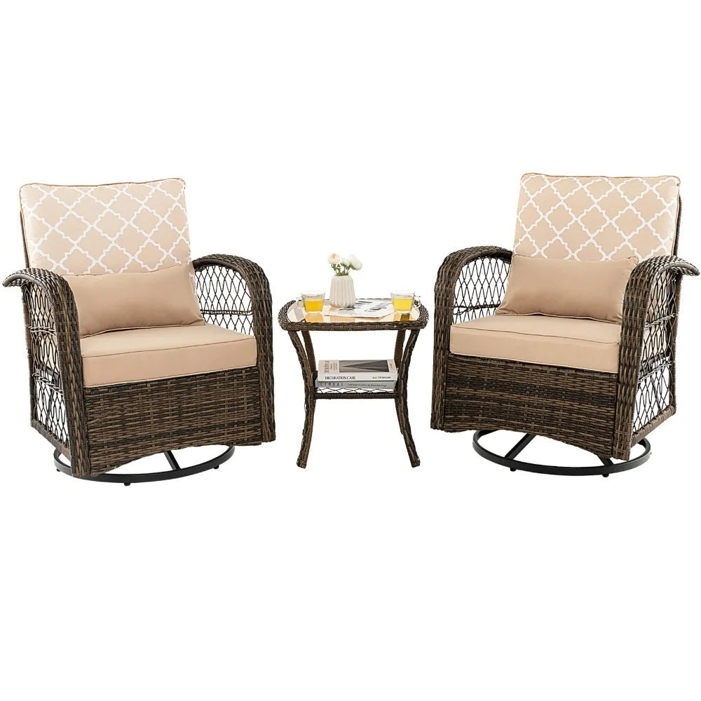 Patio 3 Piece Wicker Swivel Rocker Set With Coffee Table 360 Degrees