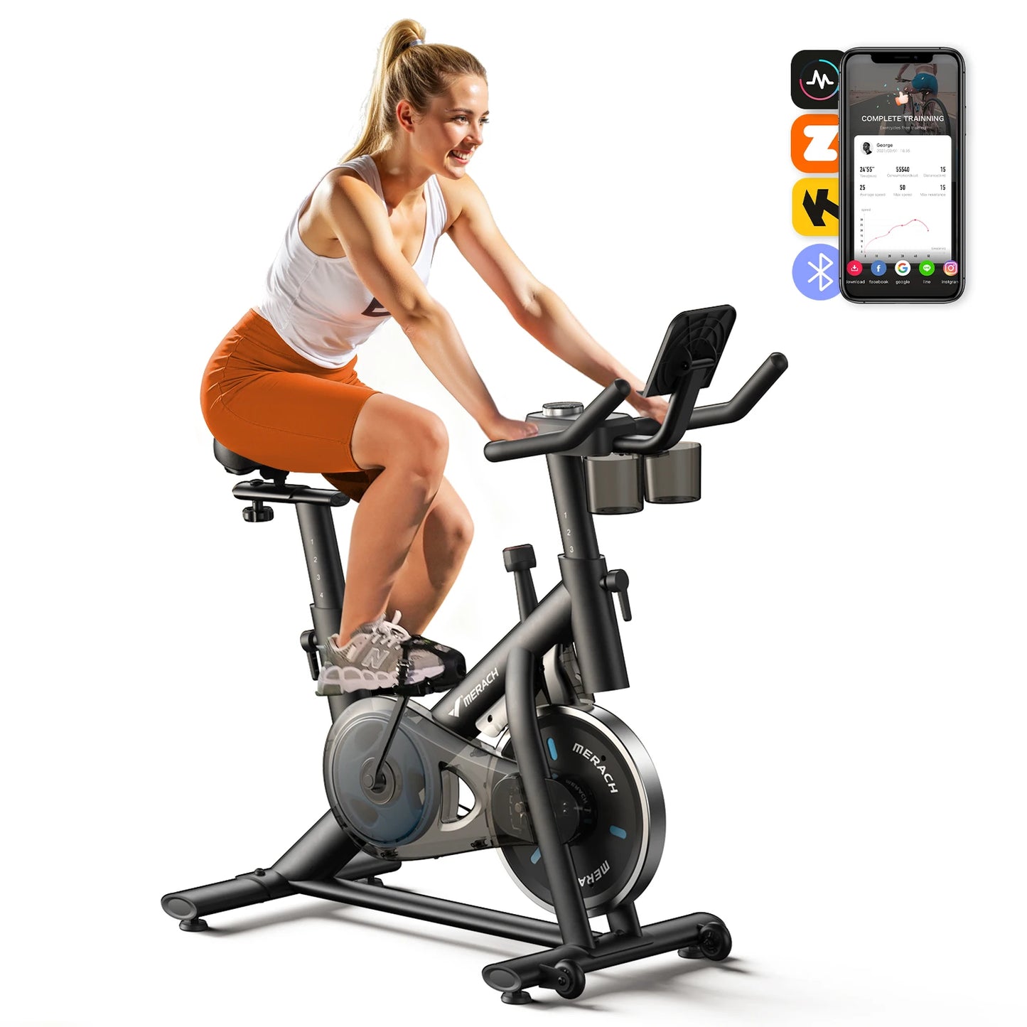 MERACH S26B1 Stationary Bike Low Noise Bluetooth Tablet Mount 300 Lb Capacity