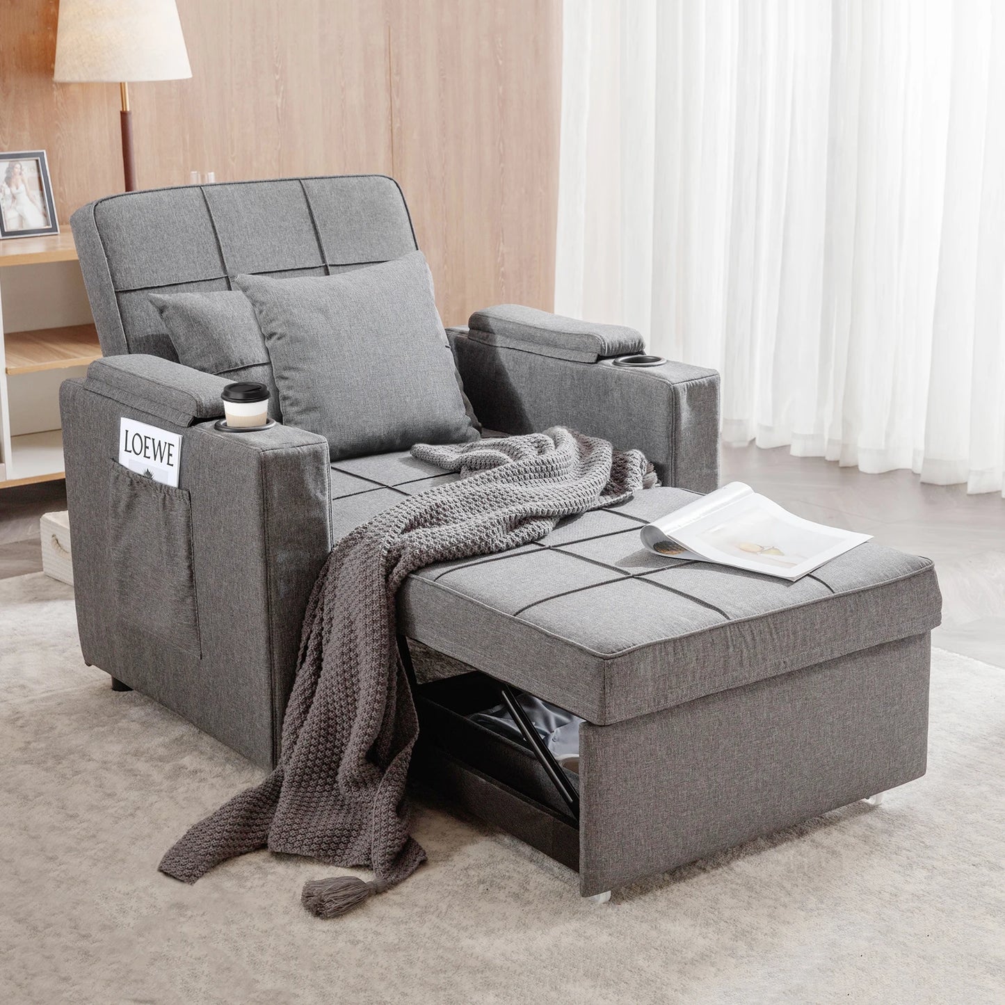 Convertible Sofa Bed Armchair With Cup Holder Dark Grey