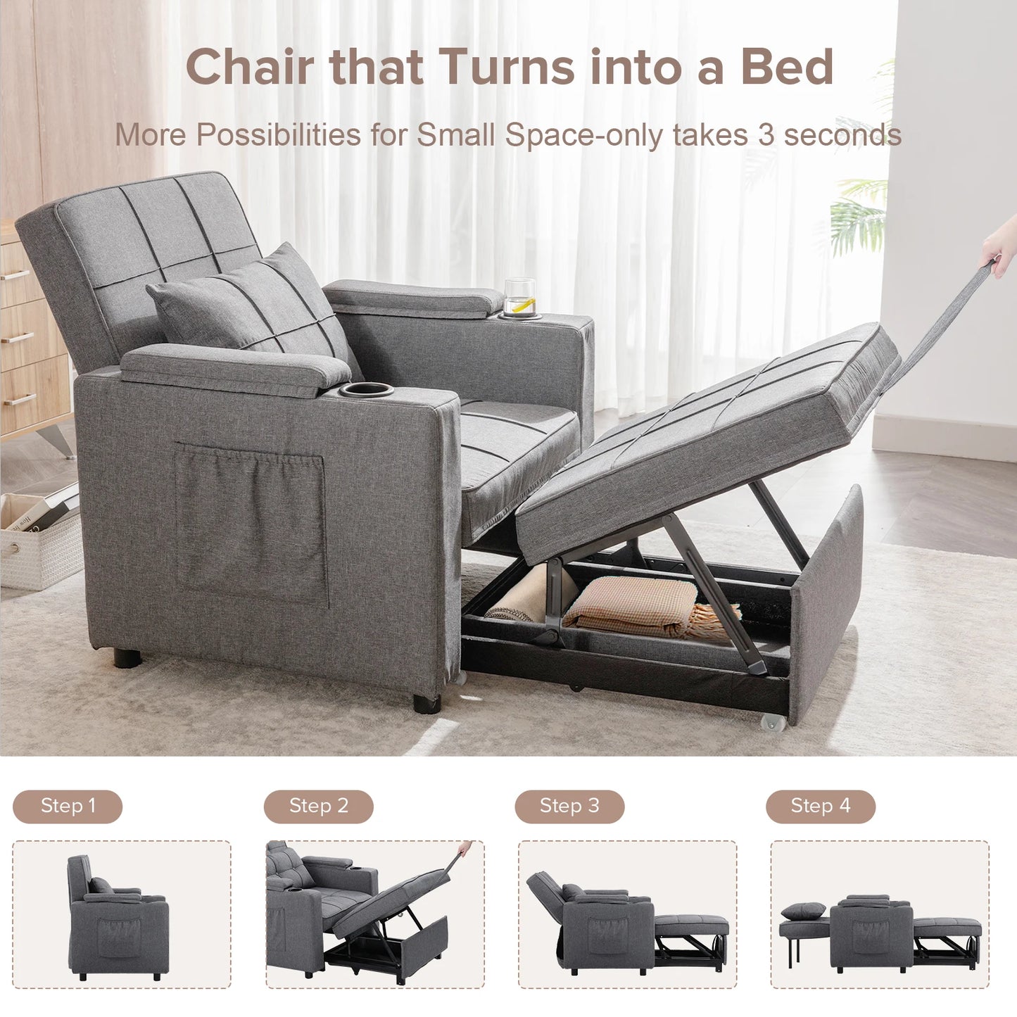 Convertible Sofa Bed Armchair With Cup Holder Dark Grey