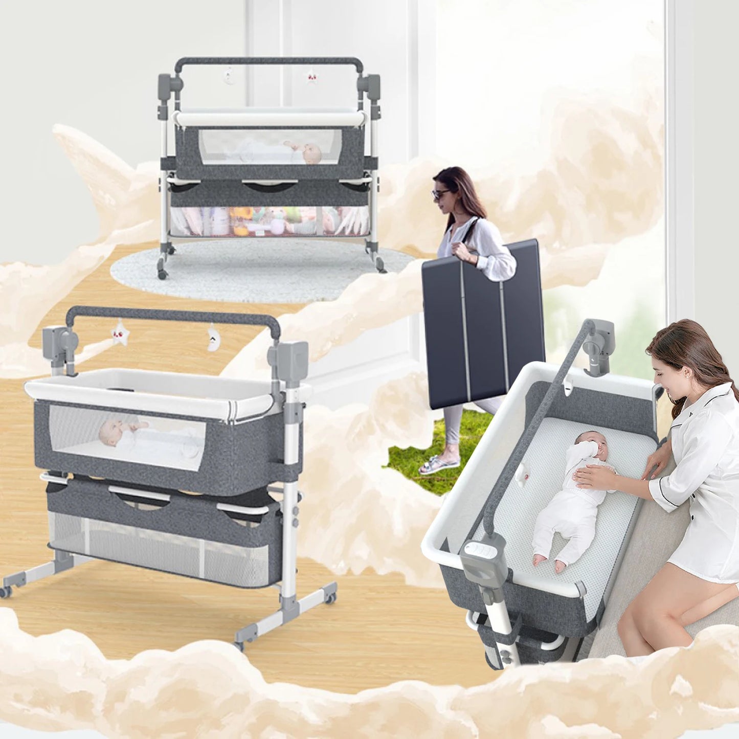 Automatic Rocking Baby Bassinet With Remote And Wheels Bedside Sleeper 0-6M