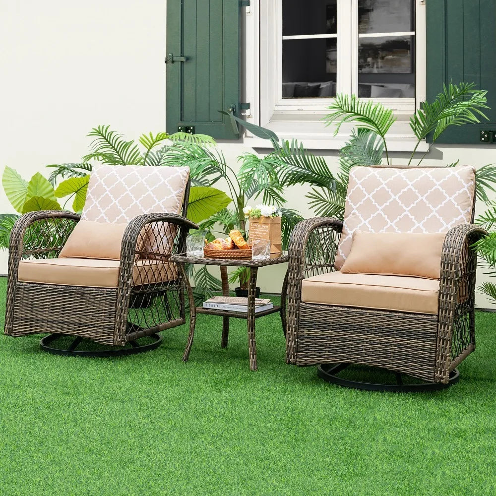 Patio 3 Piece Wicker Swivel Rocker Set With Coffee Table 360 Degrees