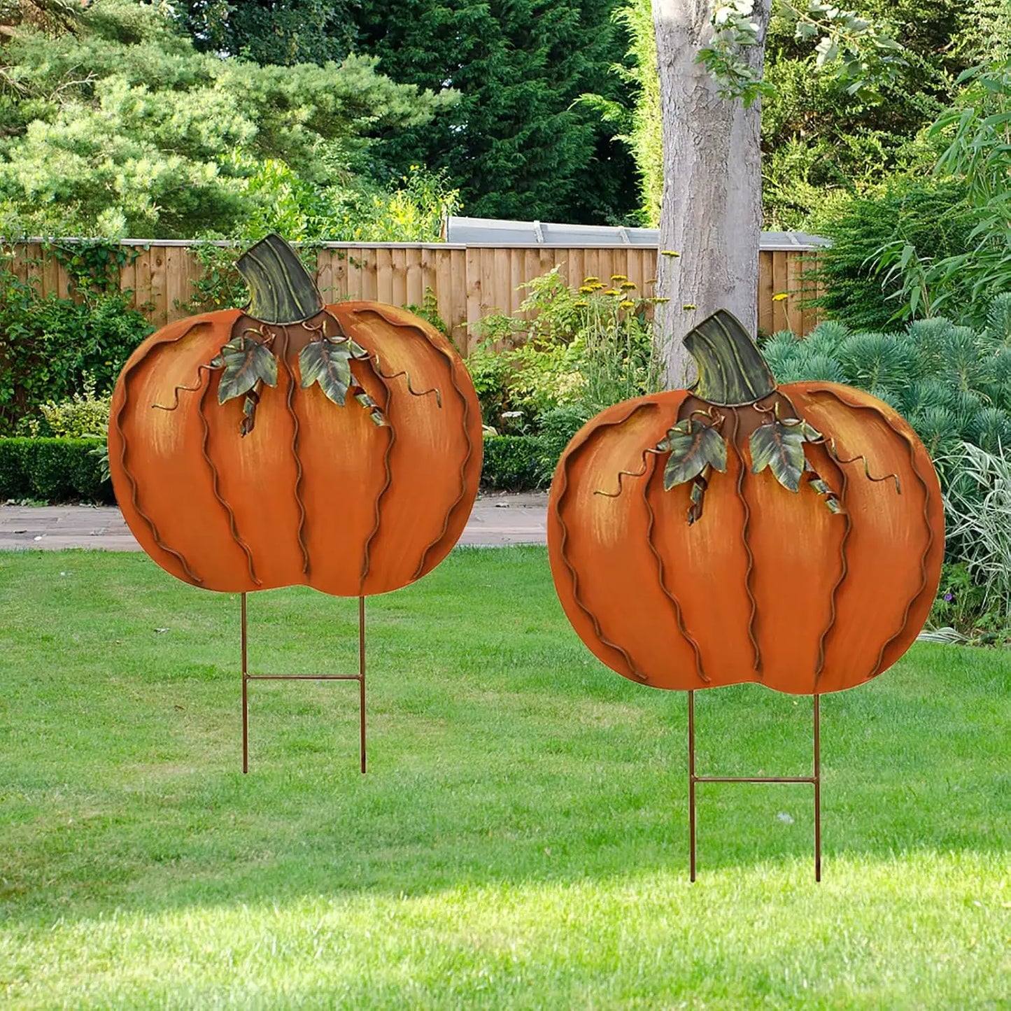 Two Pack Metal Pumpkin Garden Stakes 17.5 Inch Outdoor