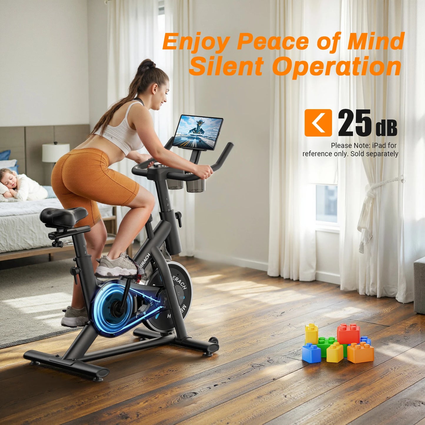MERACH S26B1 Stationary Bike Low Noise Bluetooth Tablet Mount 300 Lb Capacity