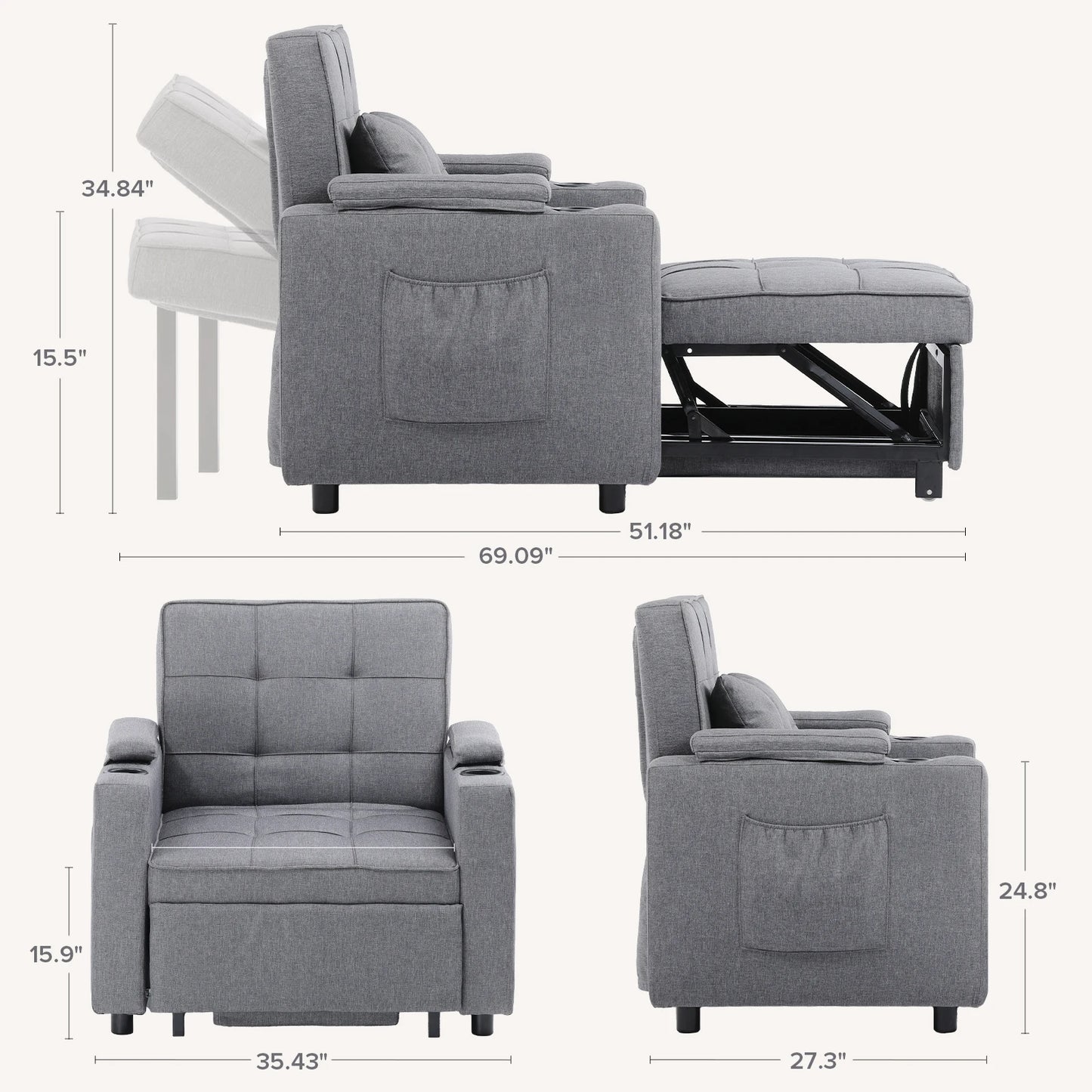 Convertible Sofa Bed Armchair With Cup Holder Dark Grey