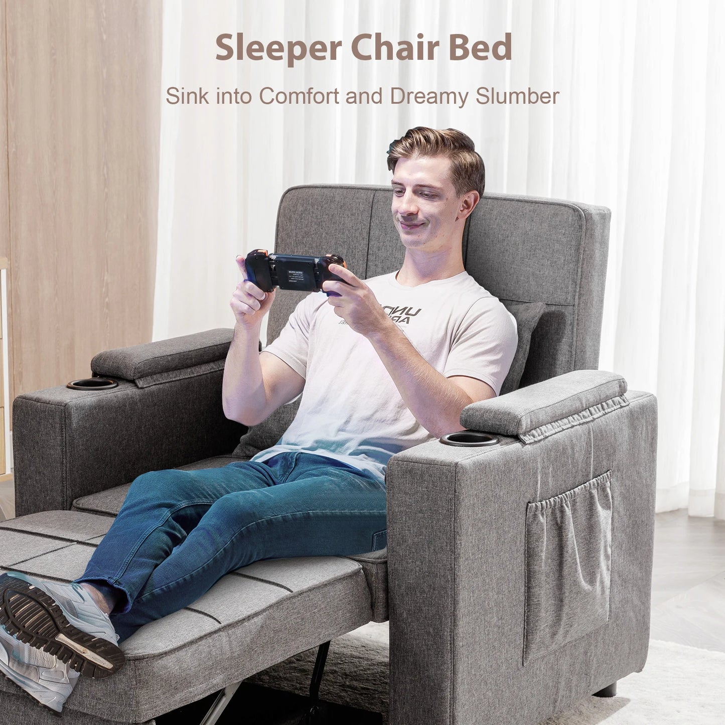 Convertible Sofa Bed Armchair With Cup Holder Dark Grey