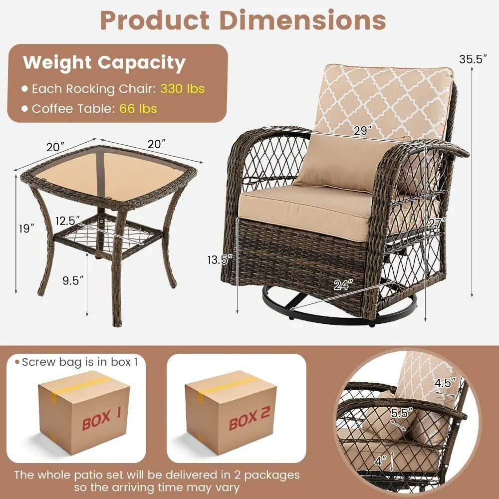 Patio 3 Piece Wicker Swivel Rocker Set With Coffee Table 360 Degrees