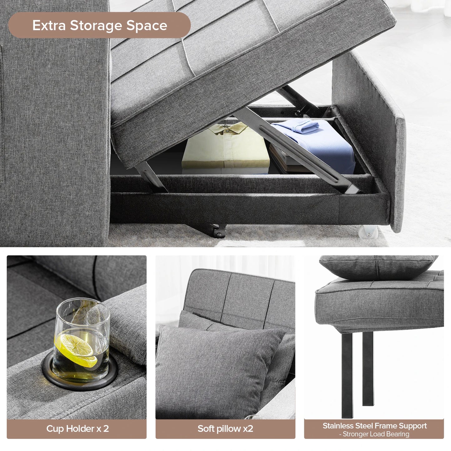 Convertible Sofa Bed Armchair With Cup Holder Dark Grey