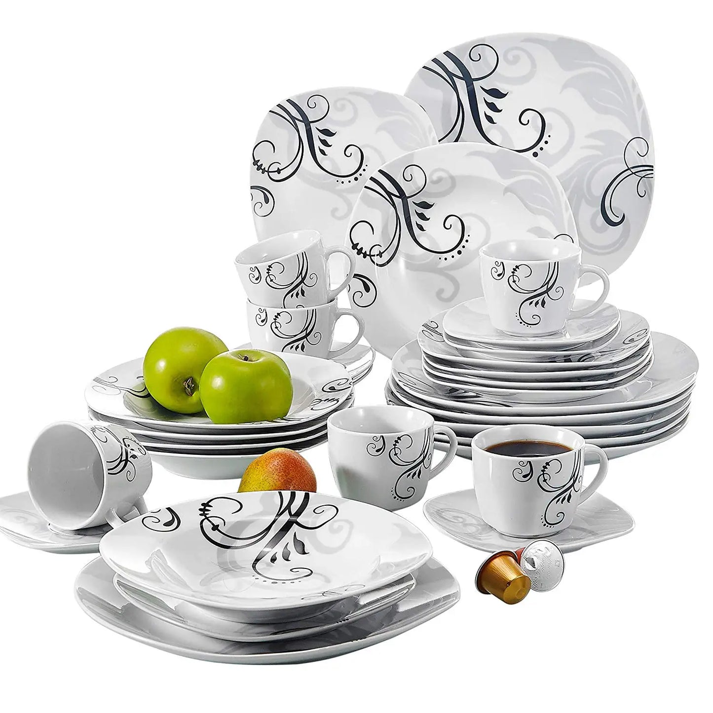 VEWEET ZOEY 30 Piece Porcelain Dinnerware Set Floral Plates Cups And Saucers