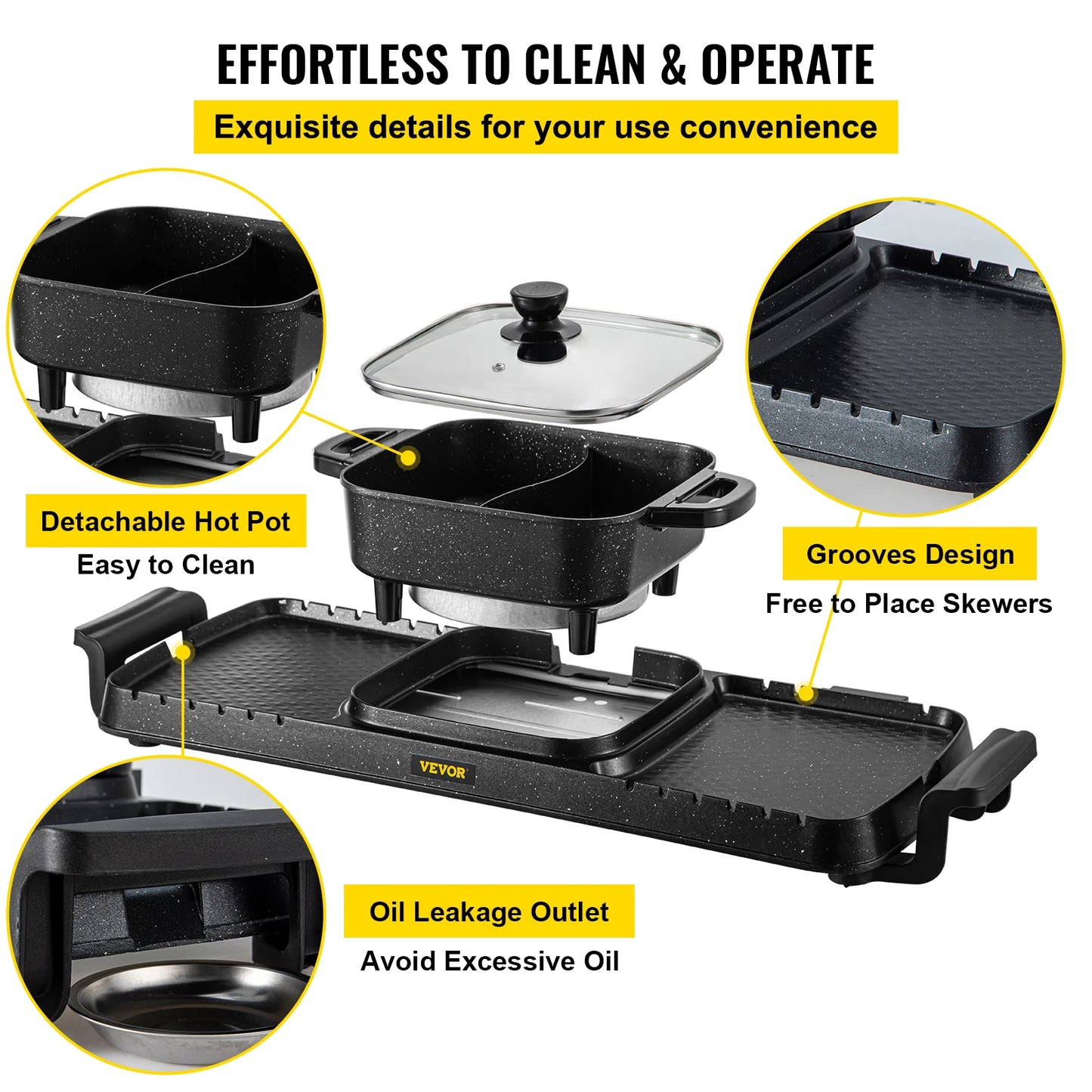 SucceBuy 2in1 Electric BBQ Pan Grill Hot Pot Detachable Smokeless Nonstick
