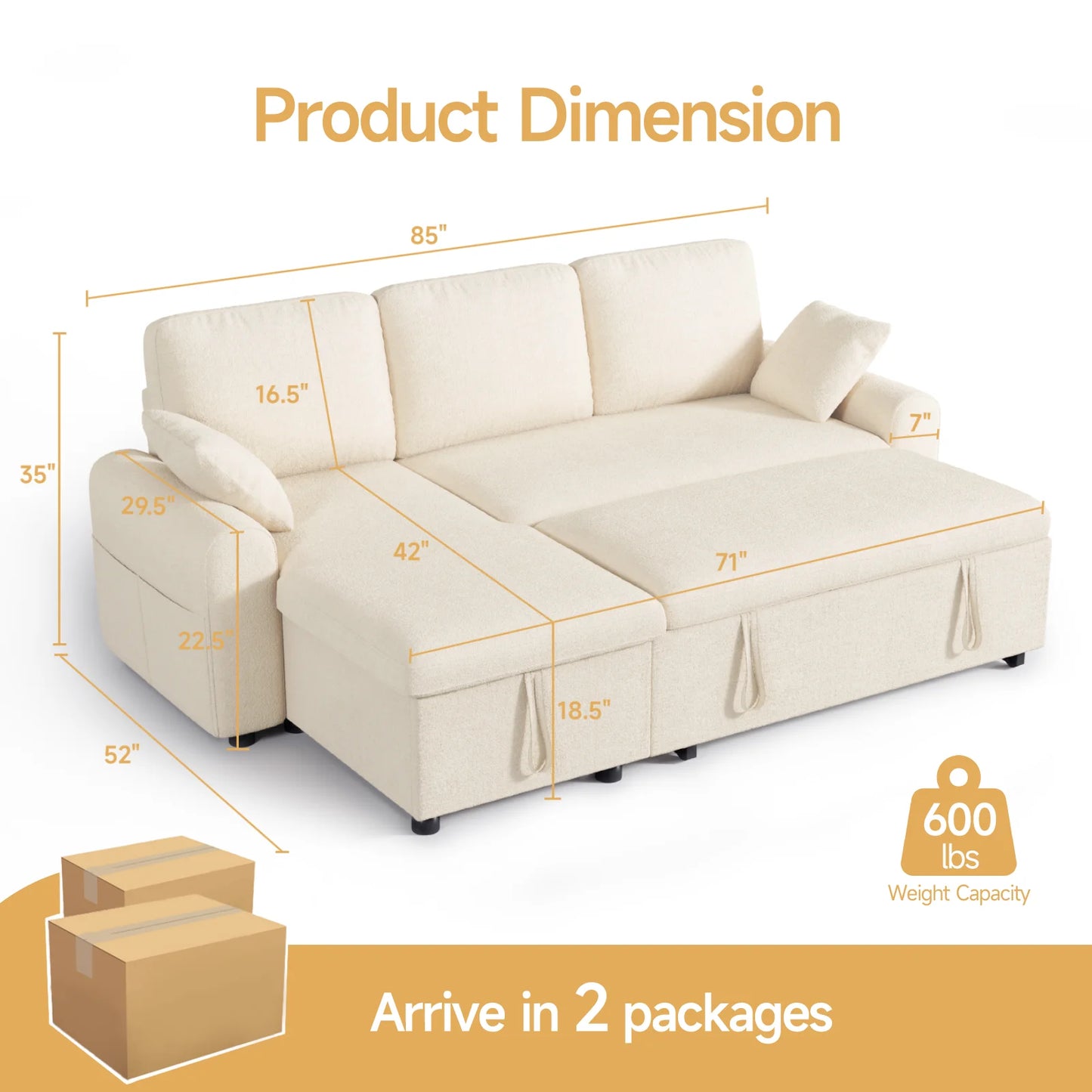 L Shaped Sleeper Sofa 85In Pull Out Couch Bed Storage Chaise