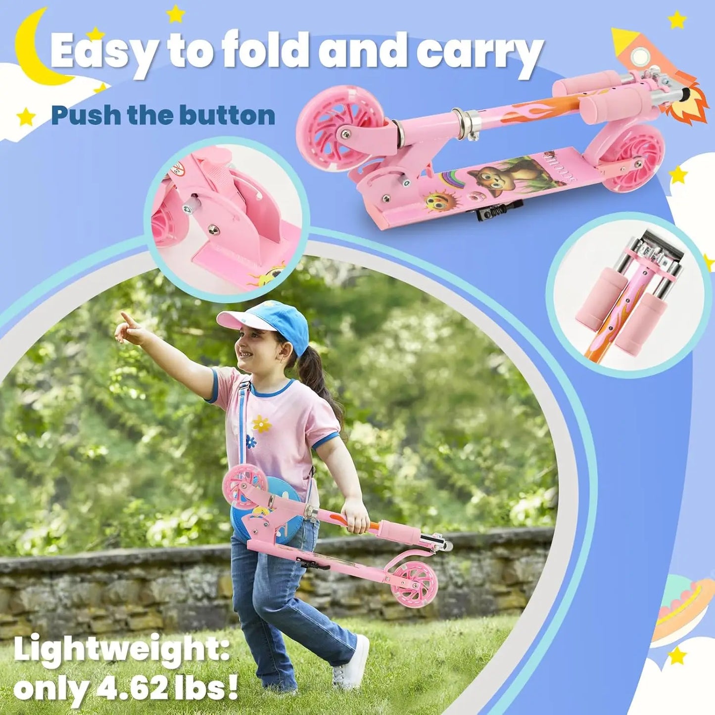 Easy Folding Kids Scooter With 3 Level Height Adjustment For Ages 3 To 12
