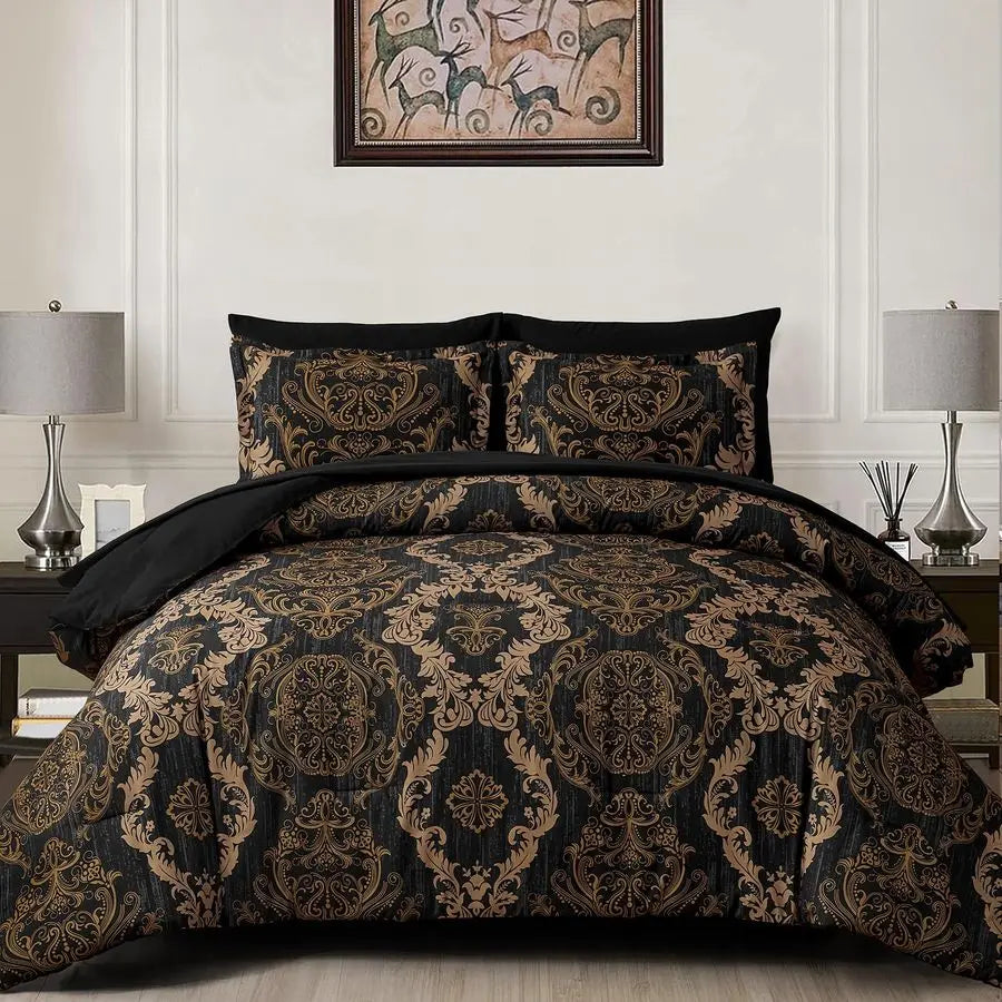 Black King Size Comforter Set Gold Damask Microfiber Bed in a Bag 7 Pieces