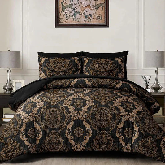 Black King Size Comforter Set Gold Damask Microfiber Bed in a Bag 7 Pieces