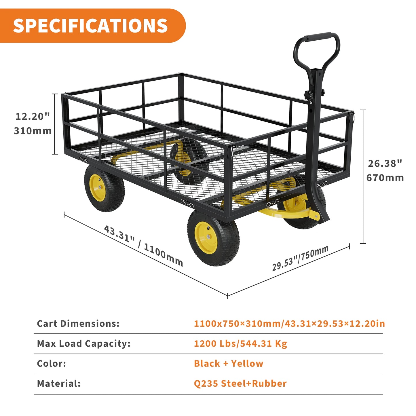 Heavy Duty Steel Garden Cart 1200 1400 Lbs Capacity 13 Inch Wheels