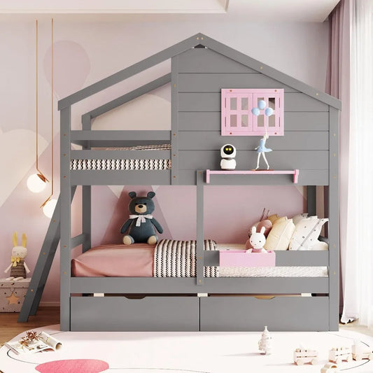 Twin Over Twin Bunk Bed with 2 Drawers, 1 Storage Box, 1 Shelf, Window and Roof, Wood Playhouse Bed Frame for Kids Boys Girls Te