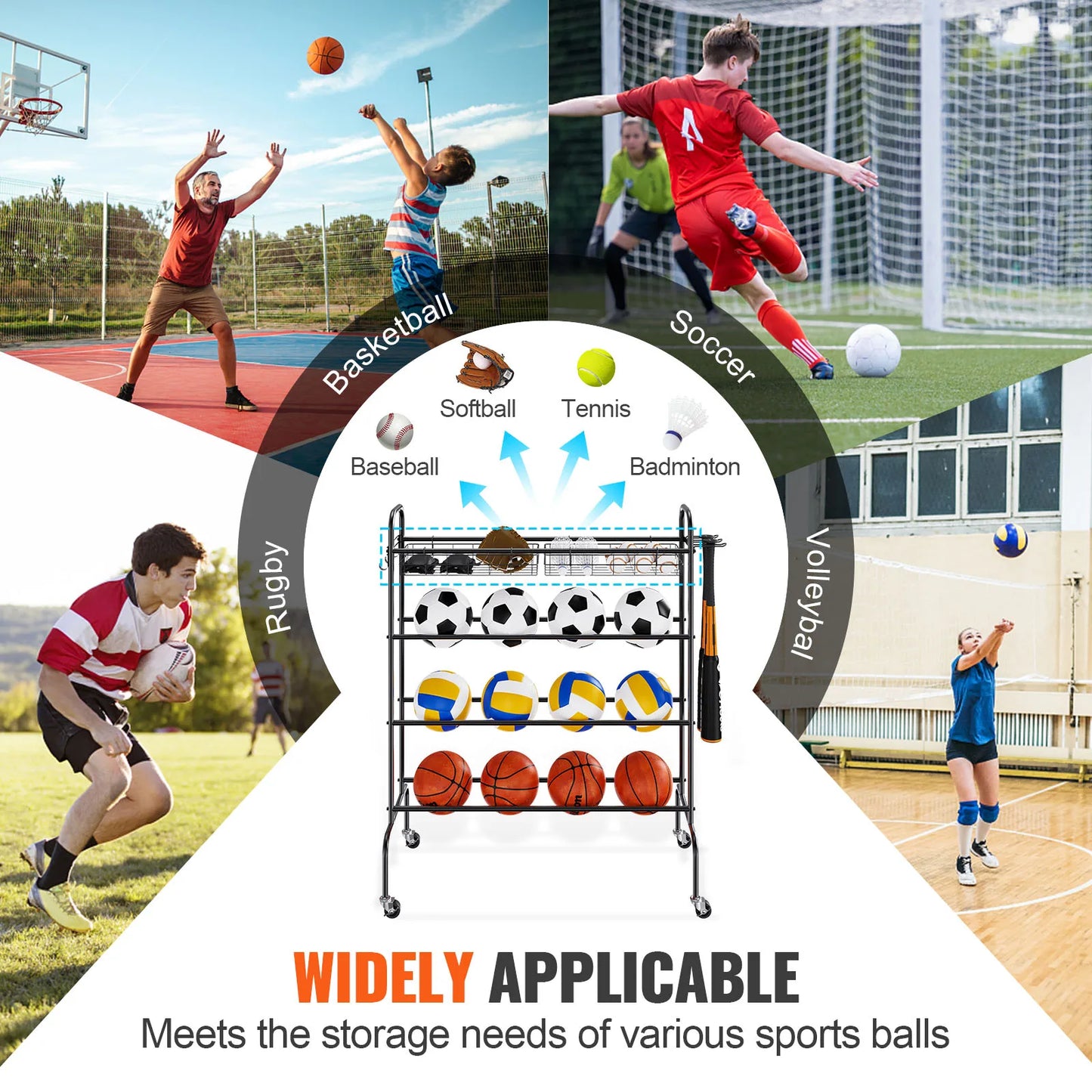 VEVOR Four Layer Rolling Basketball Rack with Wheels Storage Organizer
