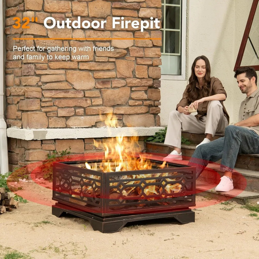 Large Square Outdoor Wood Burning Fire Pit With Mesh Cover