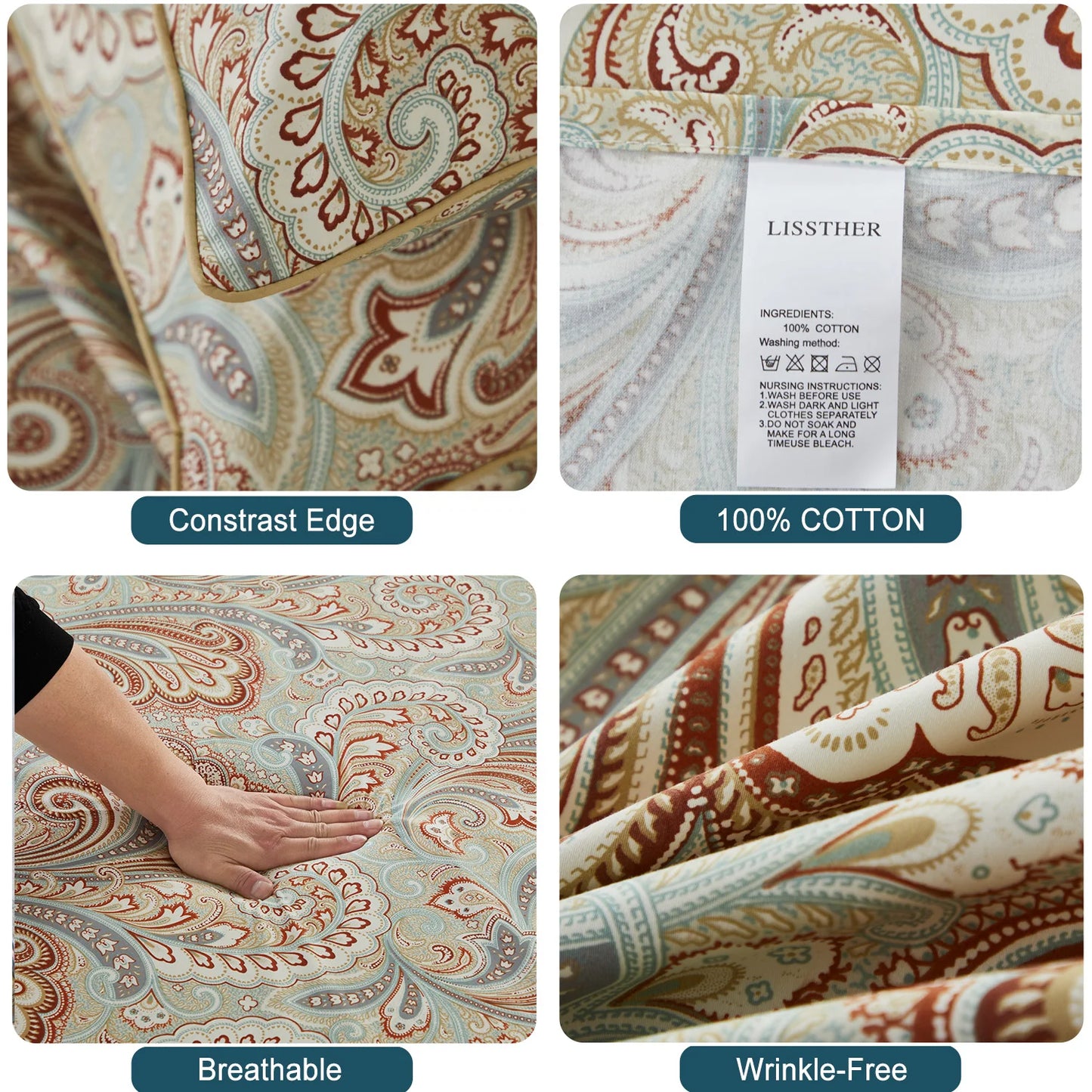 Three Piece 600TC Duvet Cover Set 100 Percent Egyptian Cotton Boho Paisley