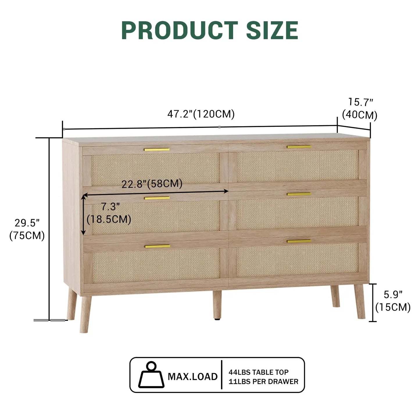 Rattan 6 Drawer Dresser Mid Century Modern Gold Handles For Bedroom Entryway