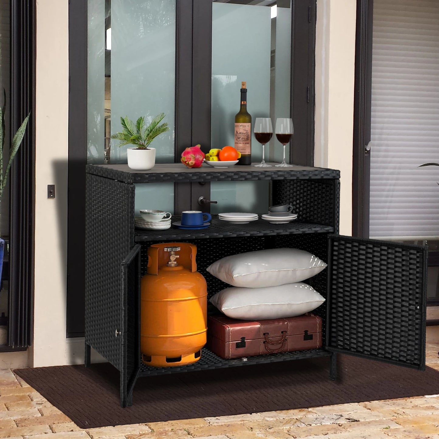 Patio Bar Table with 2-Door and Shelf, Outdoor Wicker Storage Cabinet with Shelf, Resin Wicker Cabinet Patio Pool Garden Kitchen