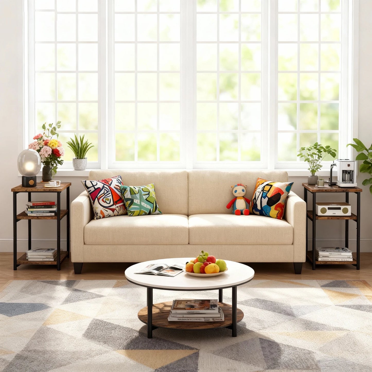 3 Tier End Table With Storage Shelves Rustic Narrow Sofa Side Table Metal Frame