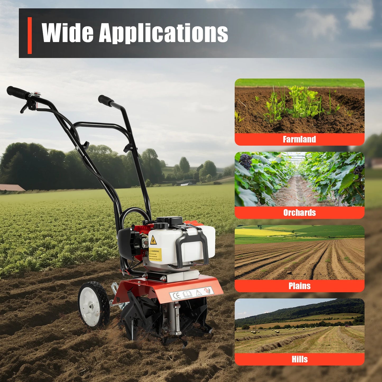 52cc Gas Tiller Cultivator 2 Stroke Mini Rotovator 7000 RPM