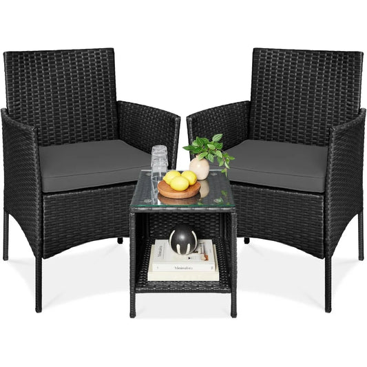 3-Piece Outdoor Wicker Conversation Bistro Set, Space Saving Patio Furniture for Garden w/Side Table
