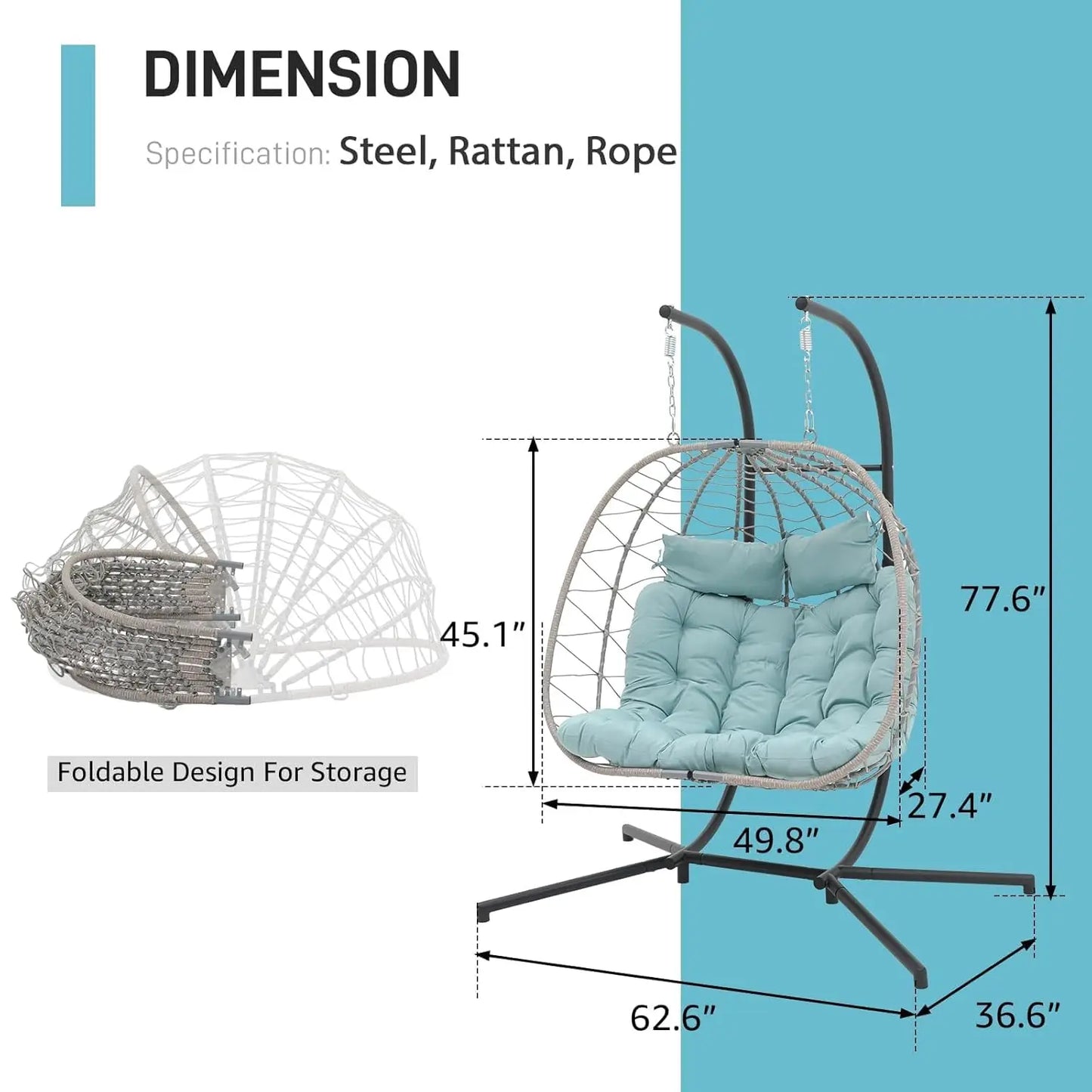 2 Person Double Wicker Rattan Egg Swing Chair With Stand Cushions And Pillow