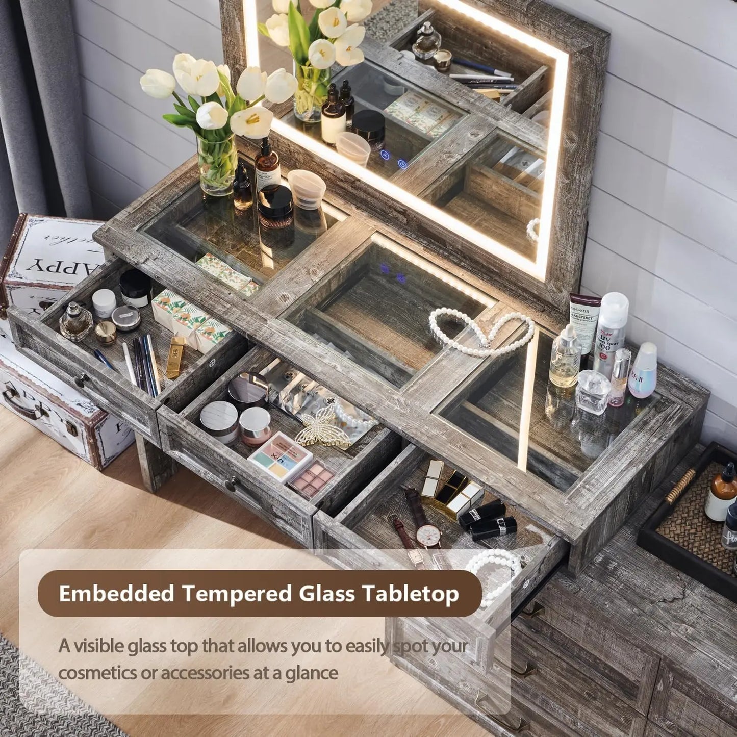69 Inch Wide Rustic Wood Bedroom Dresser With Glass Top 9 Drawers LED Mirror