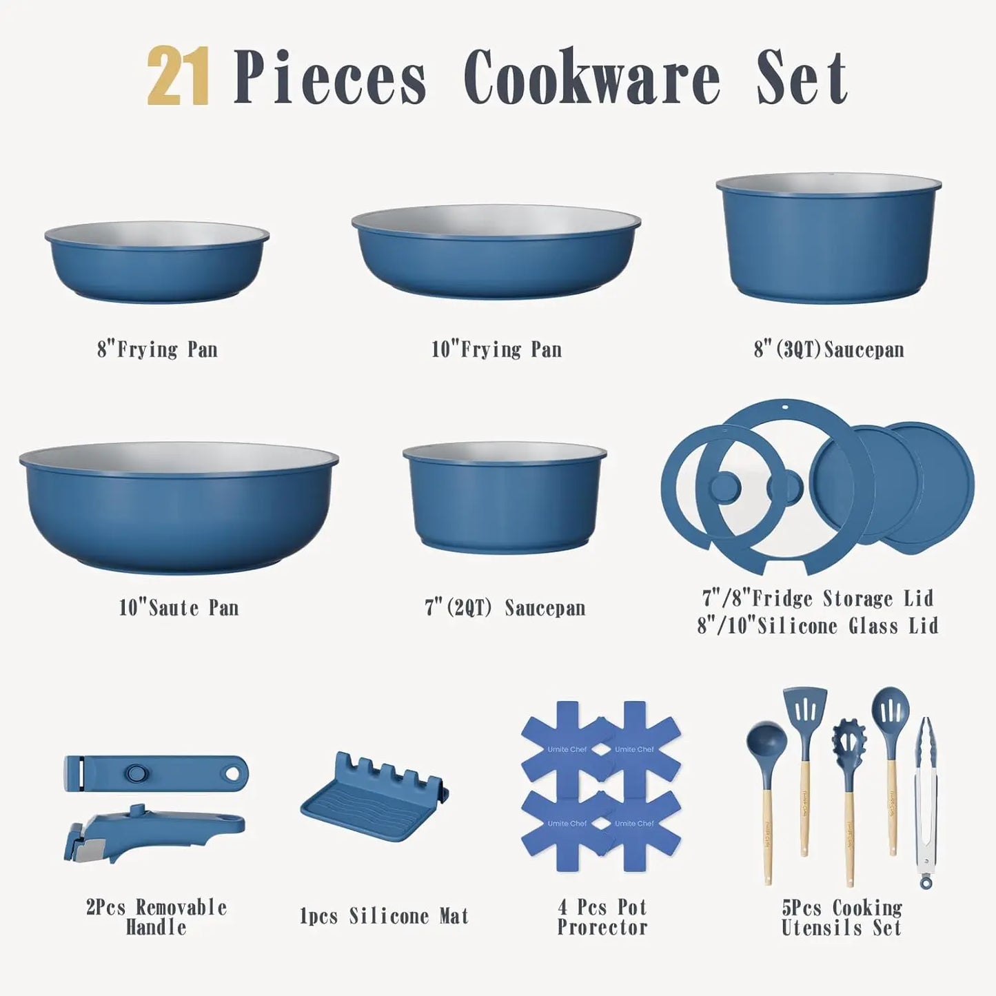 Nonstick Pots And Pans Set 21 Ceramic Cookware Detachable Handles Induction Navy