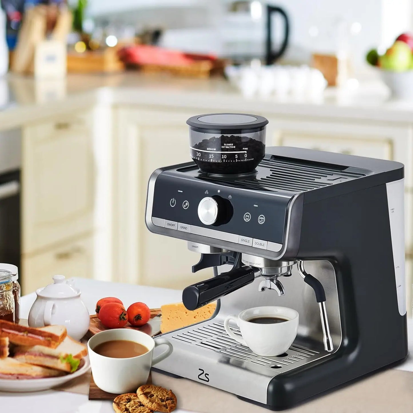 Espresso Machine With Grinder And Milk Frother Steam Wand 20 Bar 1450W