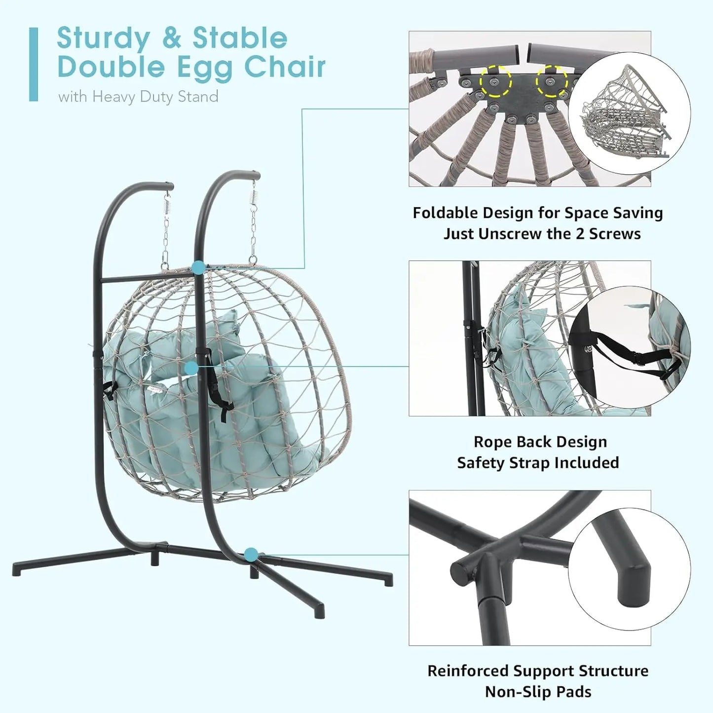 2 Person Double Wicker Rattan Egg Swing Chair With Stand Cushions And Pillow