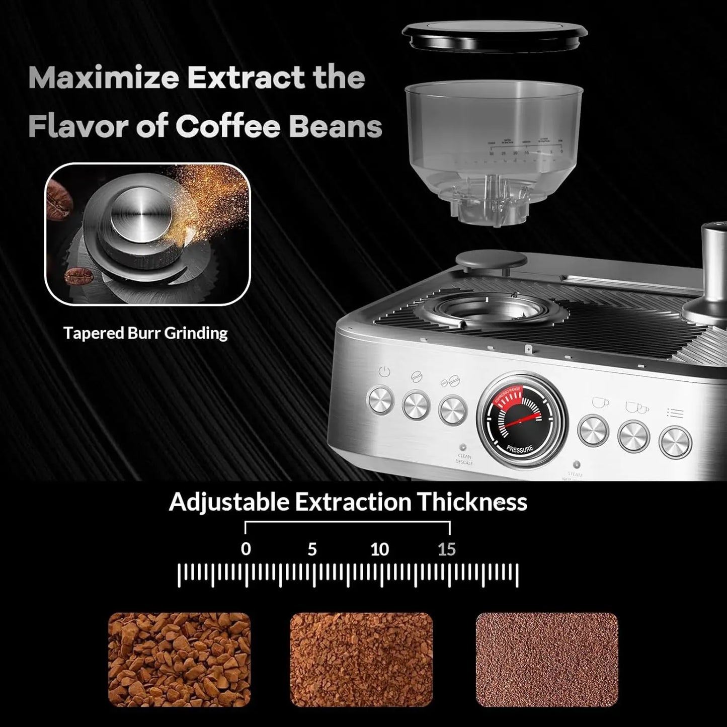 20 Bar Semi Automatic Espresso Machine With Grinder Steam Wand 30 Settings