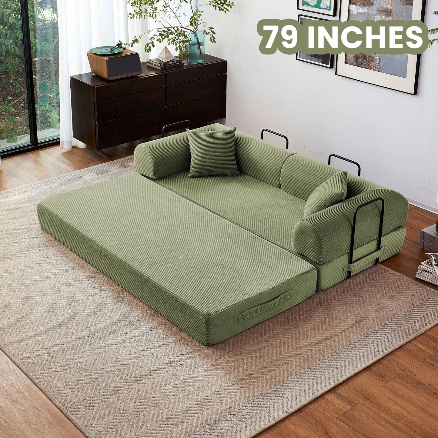 79 Inch Foldable Convertible Futon Sofa Bed With L Shaped Armrests