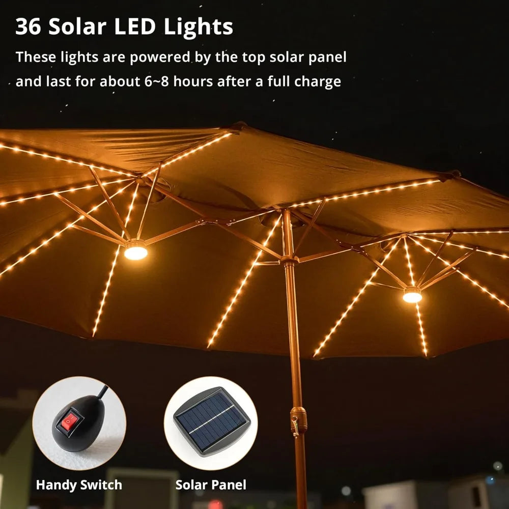 15ft Rectangle Double Sided Patio Umbrella With Base And 38 LED Solar Lights