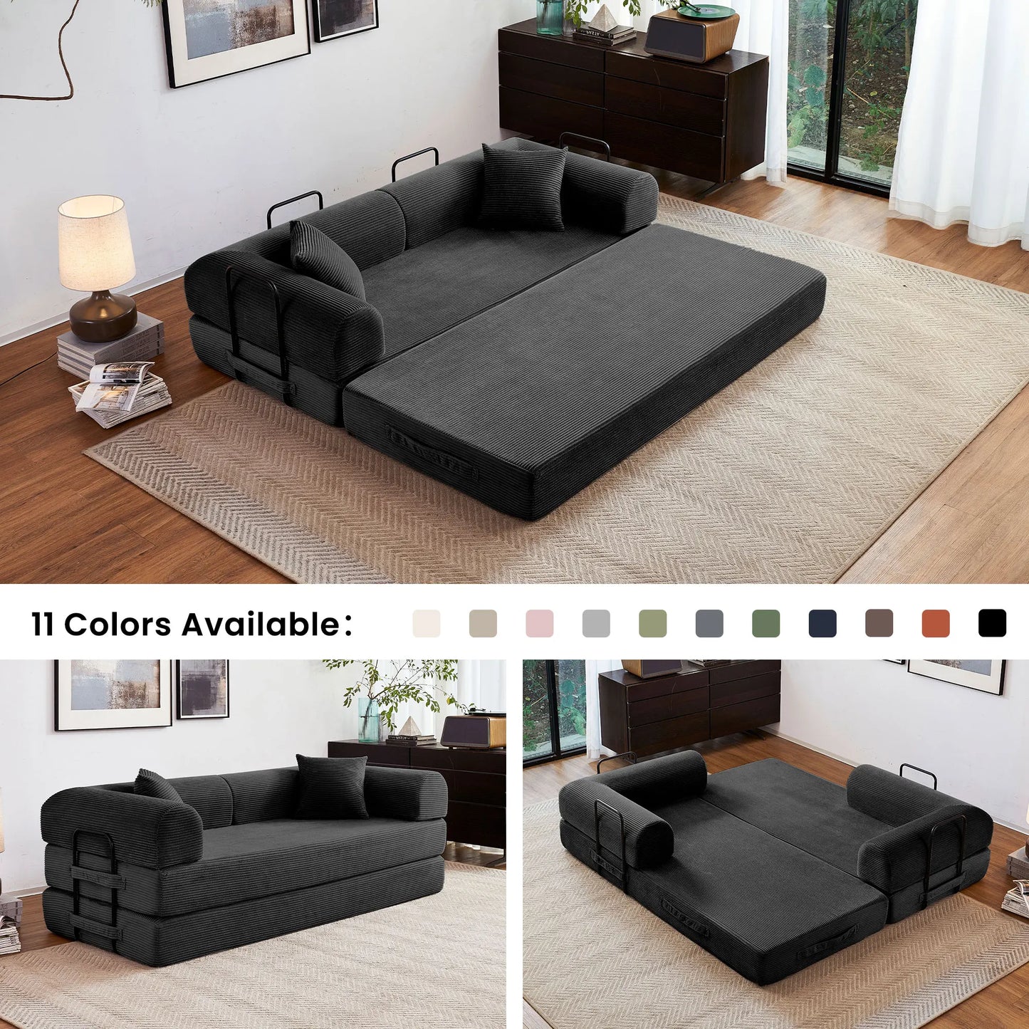 79 Inch Foldable Convertible Futon Sofa Bed With L Shaped Armrests