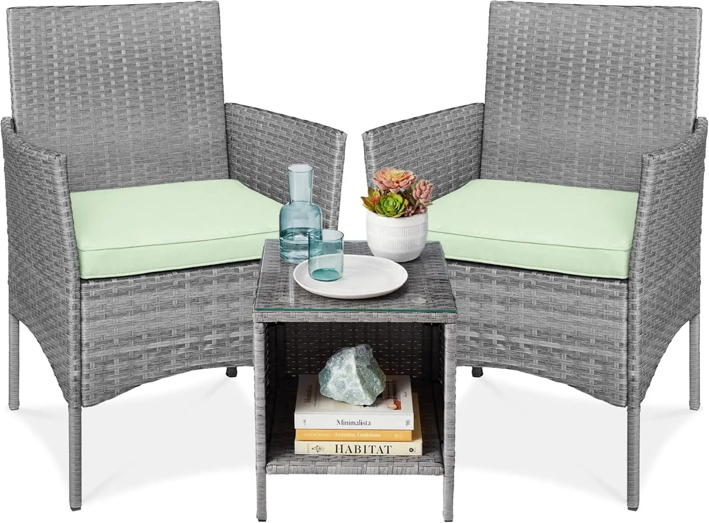 3-Piece Outdoor Wicker Conversation Bistro Set, Space Saving Patio Furniture for Garden w/Side Table