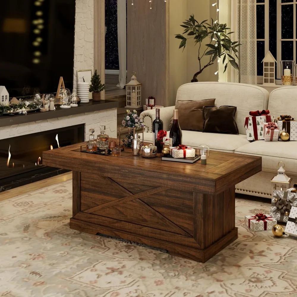 Rustic X-Design Wooden Pedestal Coffee Table for Living Room, Space-Saving Rectangle Home Furniture, Easy Assembly