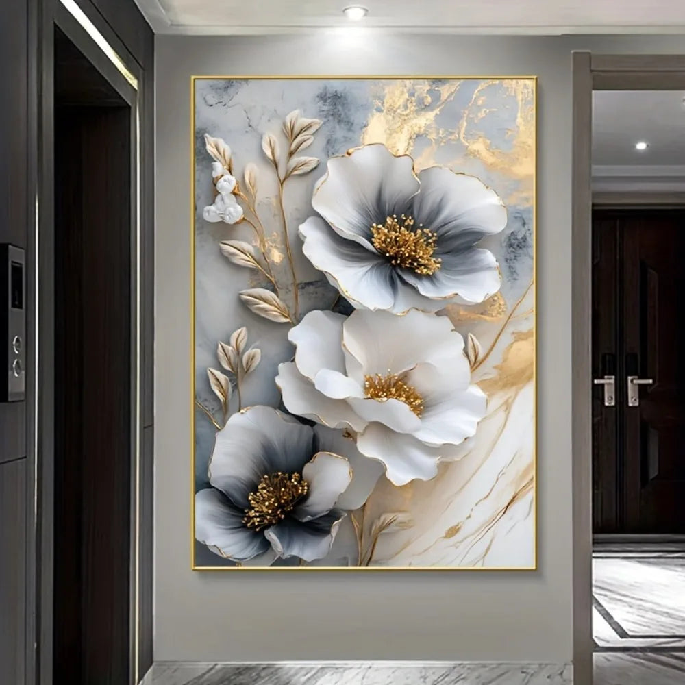 Modern Luxury Floral Canvas Mural Framed 3D Painting for Bedroom and Living Room