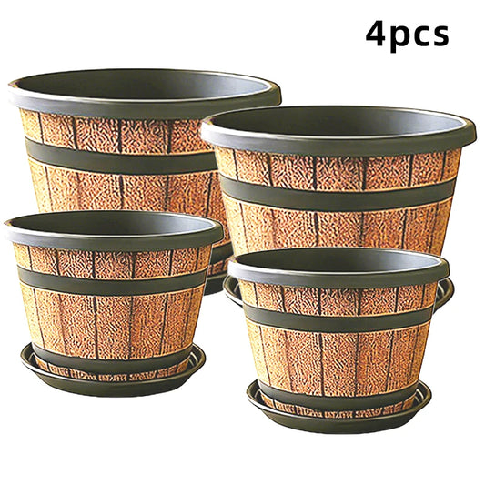 Indoor Large Flower Planter Resin Plant Pot Outdoor Imitation Wooden Barrel for Balcony Garden, Home Office Decor