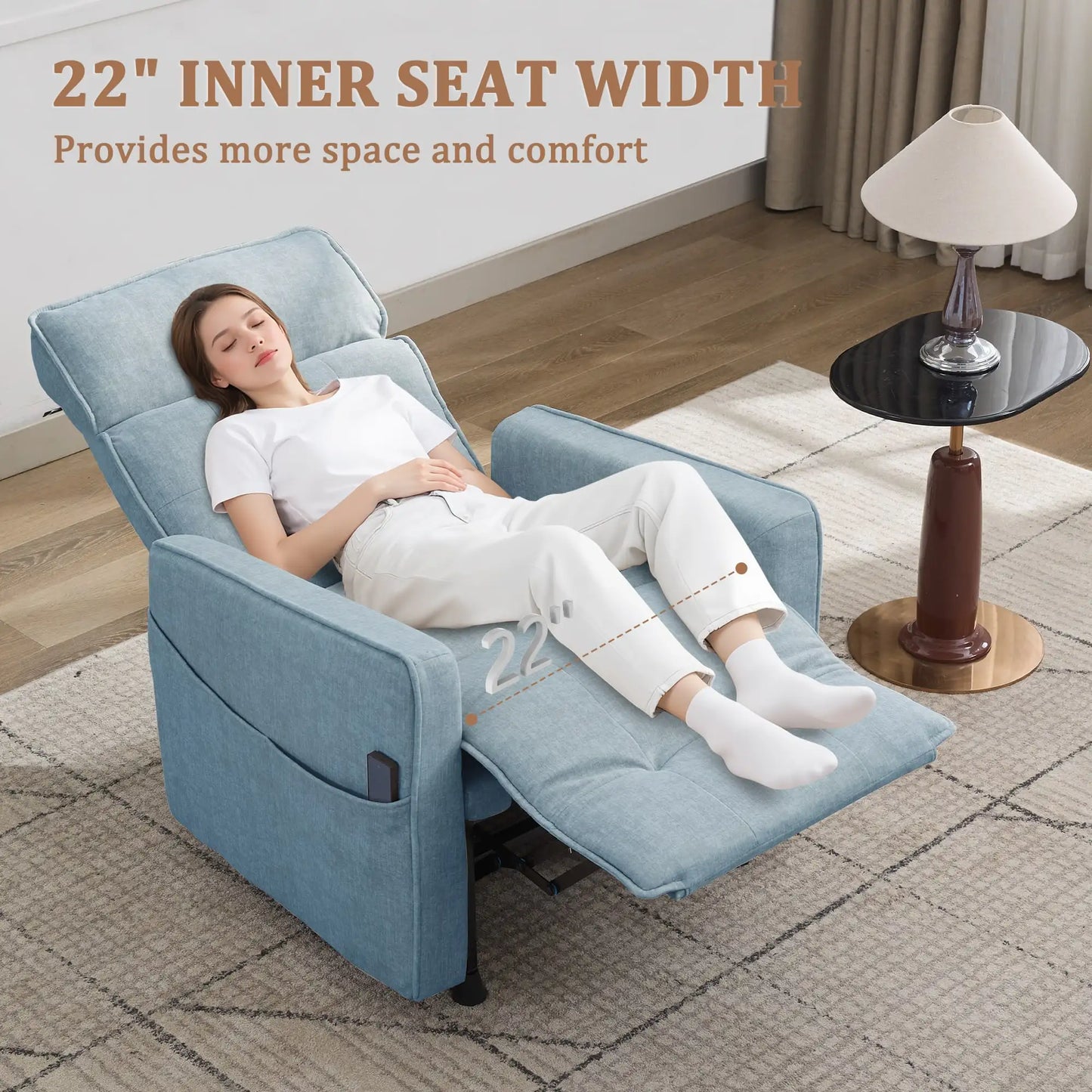 Electric Power Velvet Recliner For Adults With One Touch Adjustment And Pockets