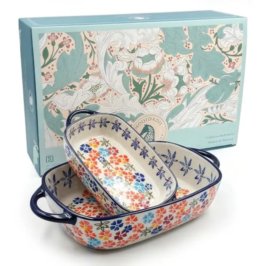 Polish Pottery Style Ceramic Baking Dish Set 2 Piece Floral Casserole Oven Safe