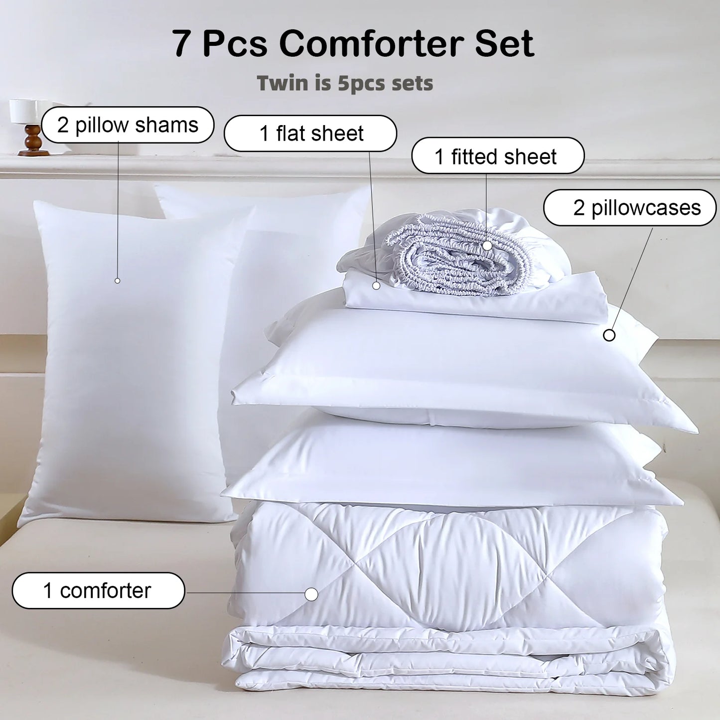 7 Pcs Twin Full Queen King Bedding Set Polyester Comforter Sheets Pillowcases