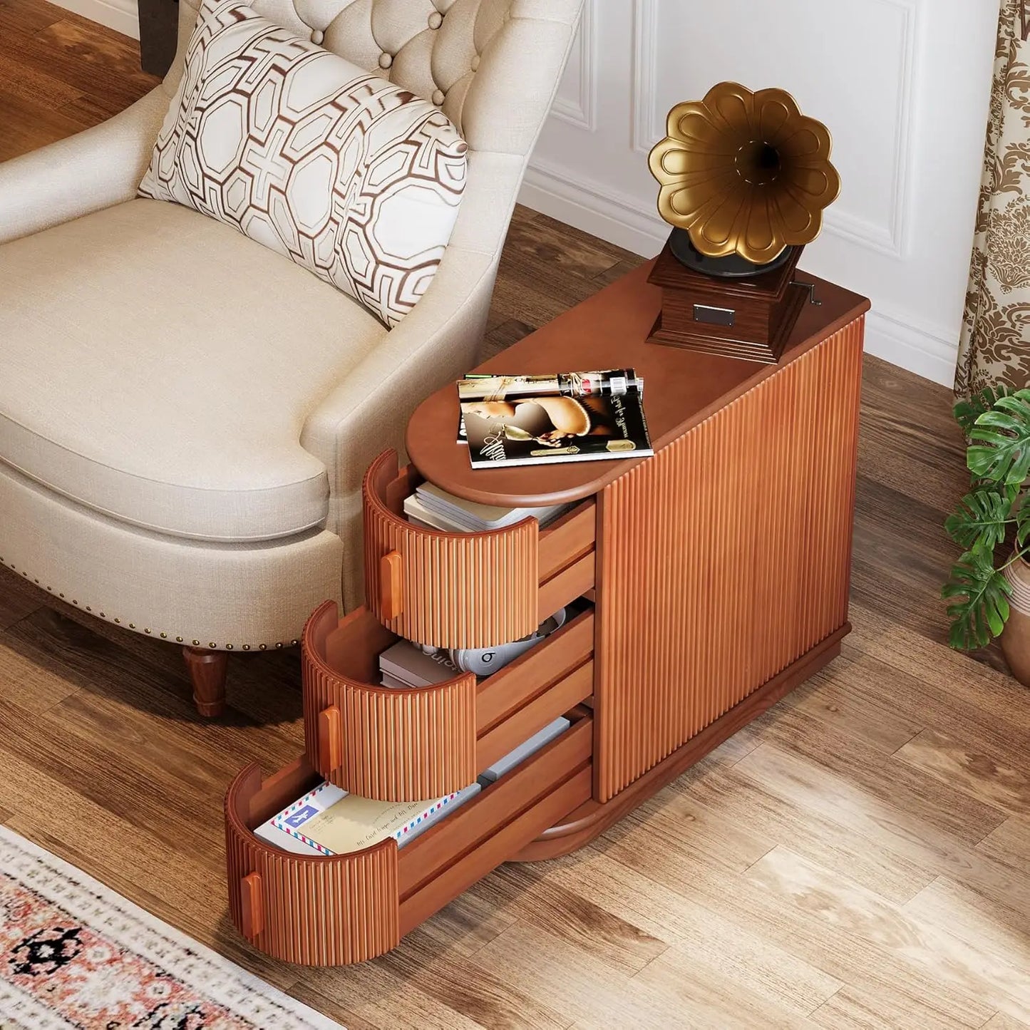 3-Drawer Wooden End Table,Modern Sofa Side Table, Narrow Chair Side Table Slim Nightstand for Living Room,Bedroom, Finished Back