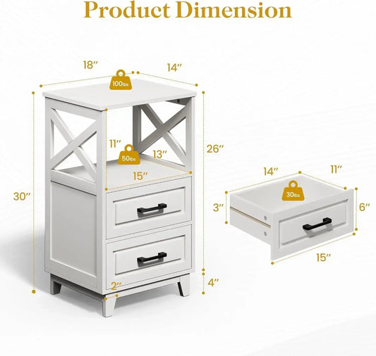 Tall Nightstand Set Of 2 White Side Tables With 2 Drawers