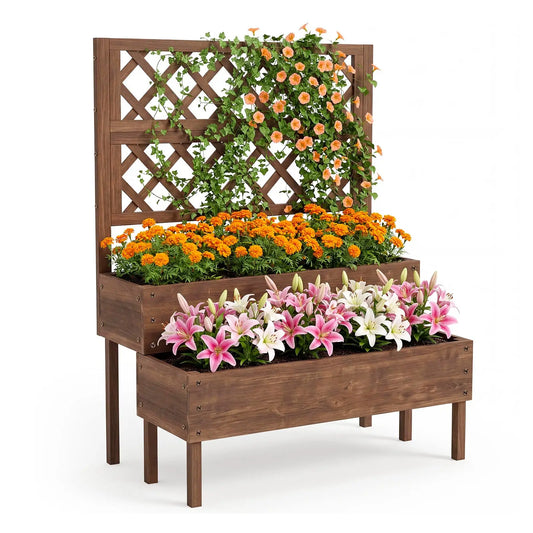 Wooden Raised Garden Bed with Trellis, 2-Tier Outdoor Elevated Planter Box with Legs & Drain Holes, Outdoor Gardening Planters