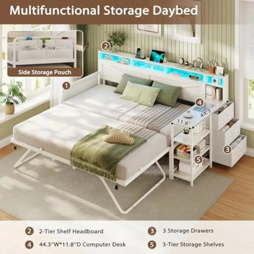 Daybed Twin with Pop Up Trundle, Farmhouse Wooden Day Bed Frame with 3 Storage Drawers and Shelves, Twin to King Daybed