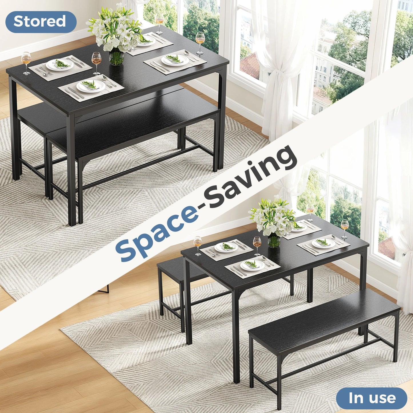 JHK 3Pcs Table And Chair Set Wooden Desktop Metal Frame Space Saving 4 People